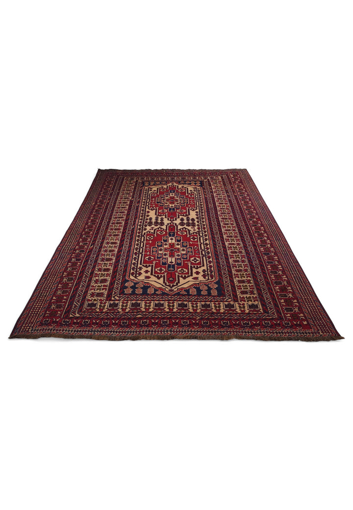 Deep Red and Camel Stepped Turkmen Medallion Kilim, Hand-Woven Wool