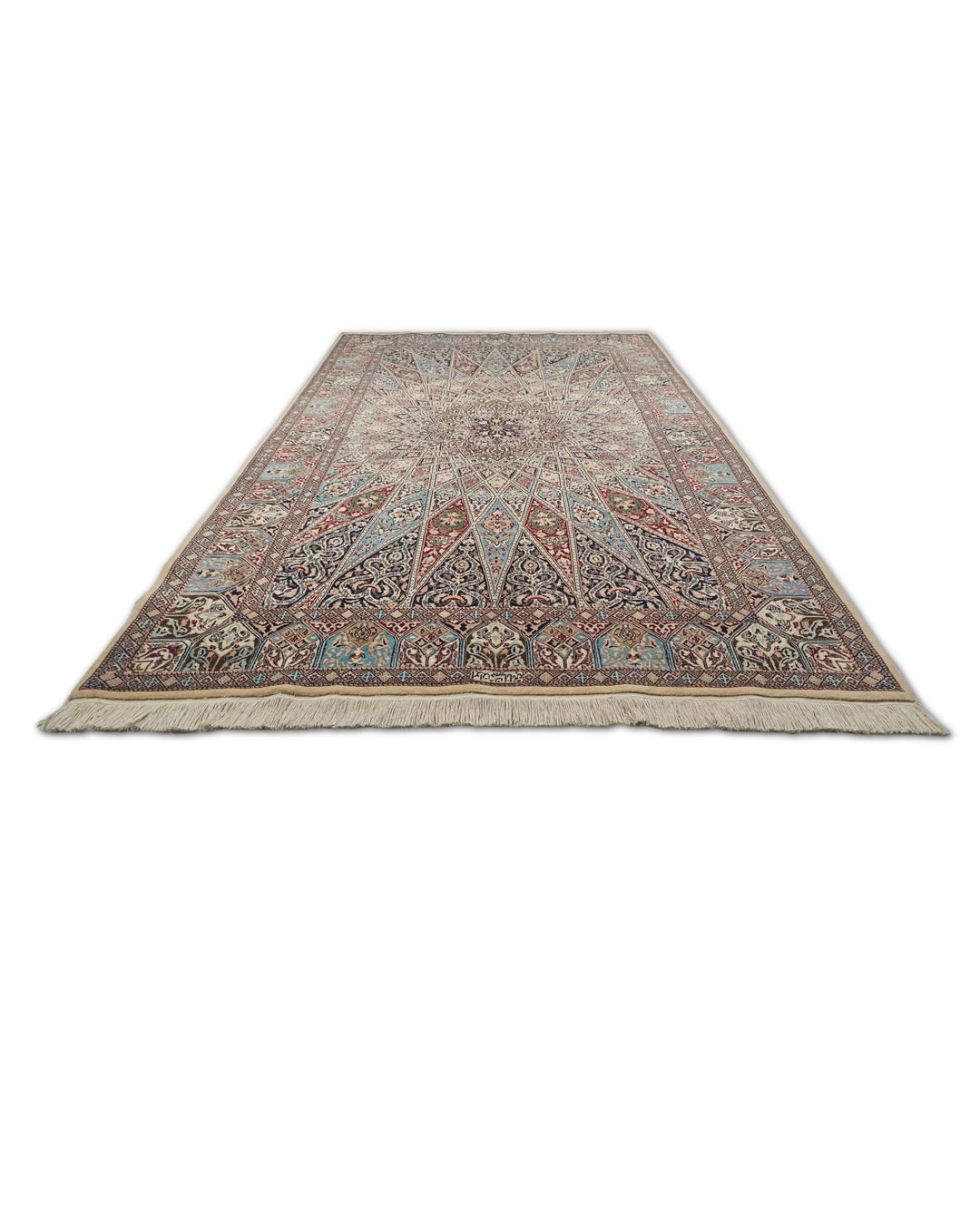 Ivory and Blue Gonbad Dome Persian Nain, Hand-Knotted Wool Rug
