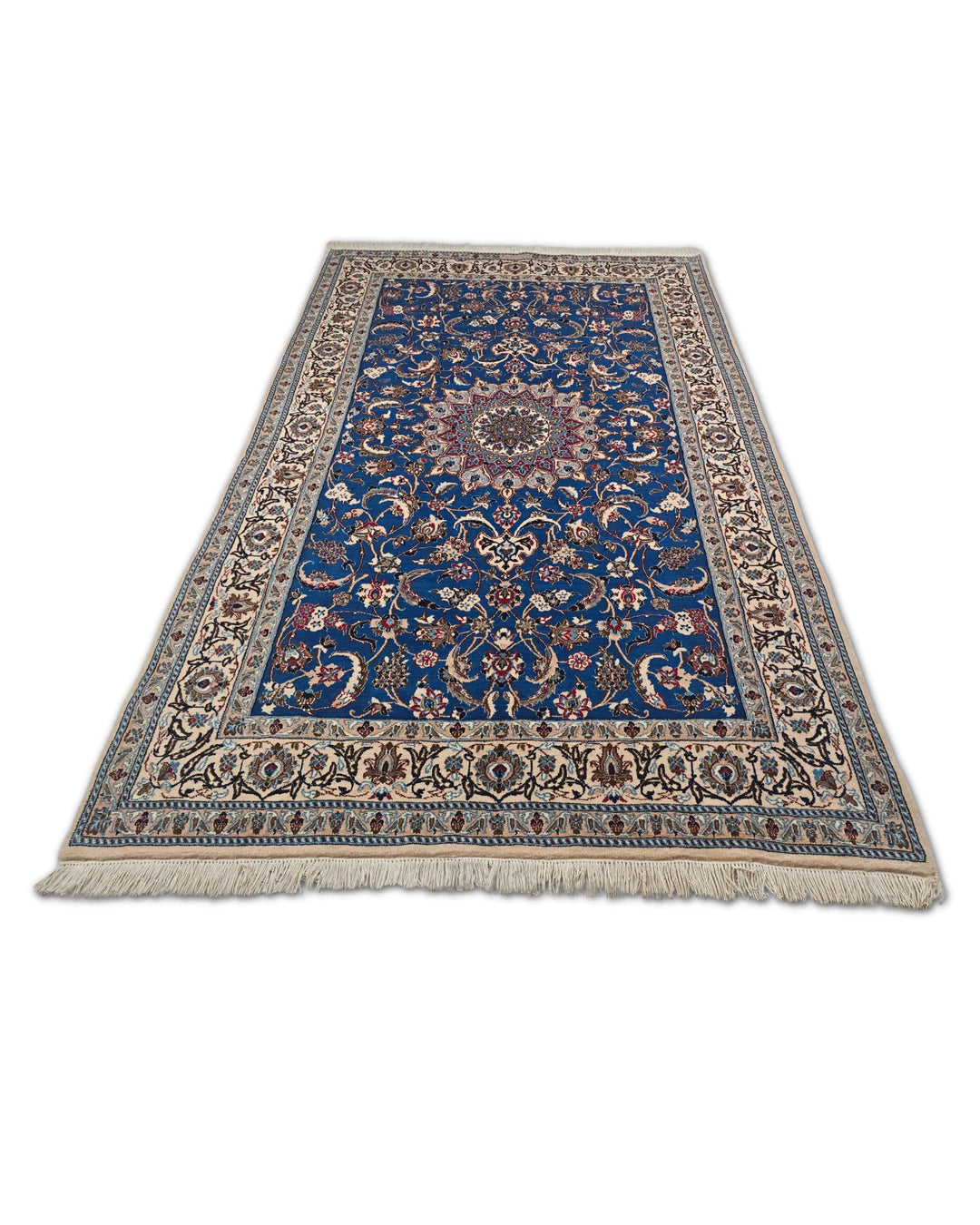 Cobalt Blue and Ivory Medallion Nain, Hand-Knotted Wool Rug