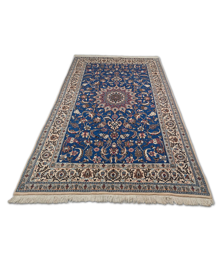 Cobalt Blue and Ivory Medallion Nain, Hand-Knotted Wool Rug