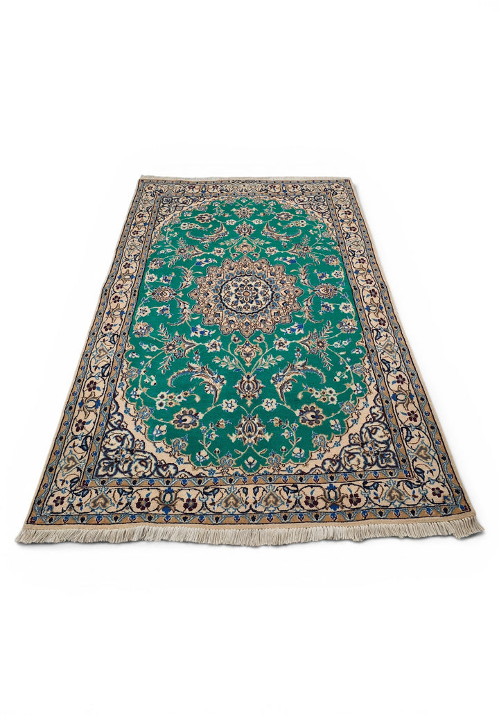 Emerald-Green Medallion Persian Nain, Hand-Knotted Wool Rug