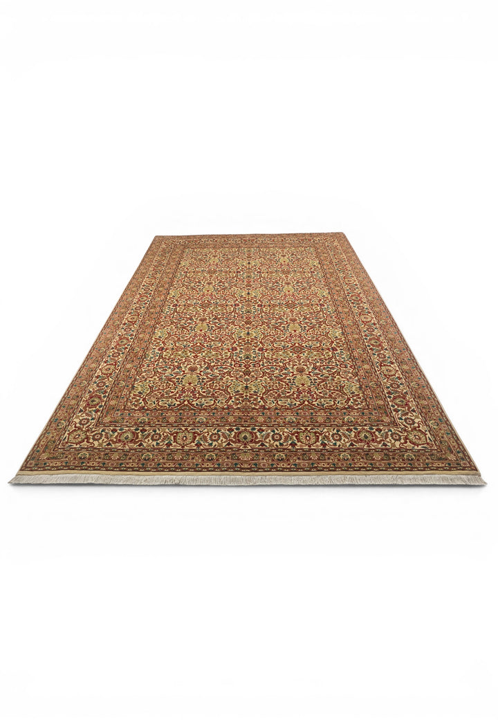 Cream and Red Floral Lattice, Hand-Knotted Wool Rug