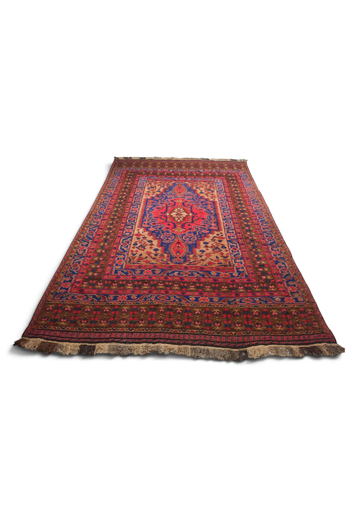 Scarlet and Cobalt Medallion Kilim, Hand-Woven Wool