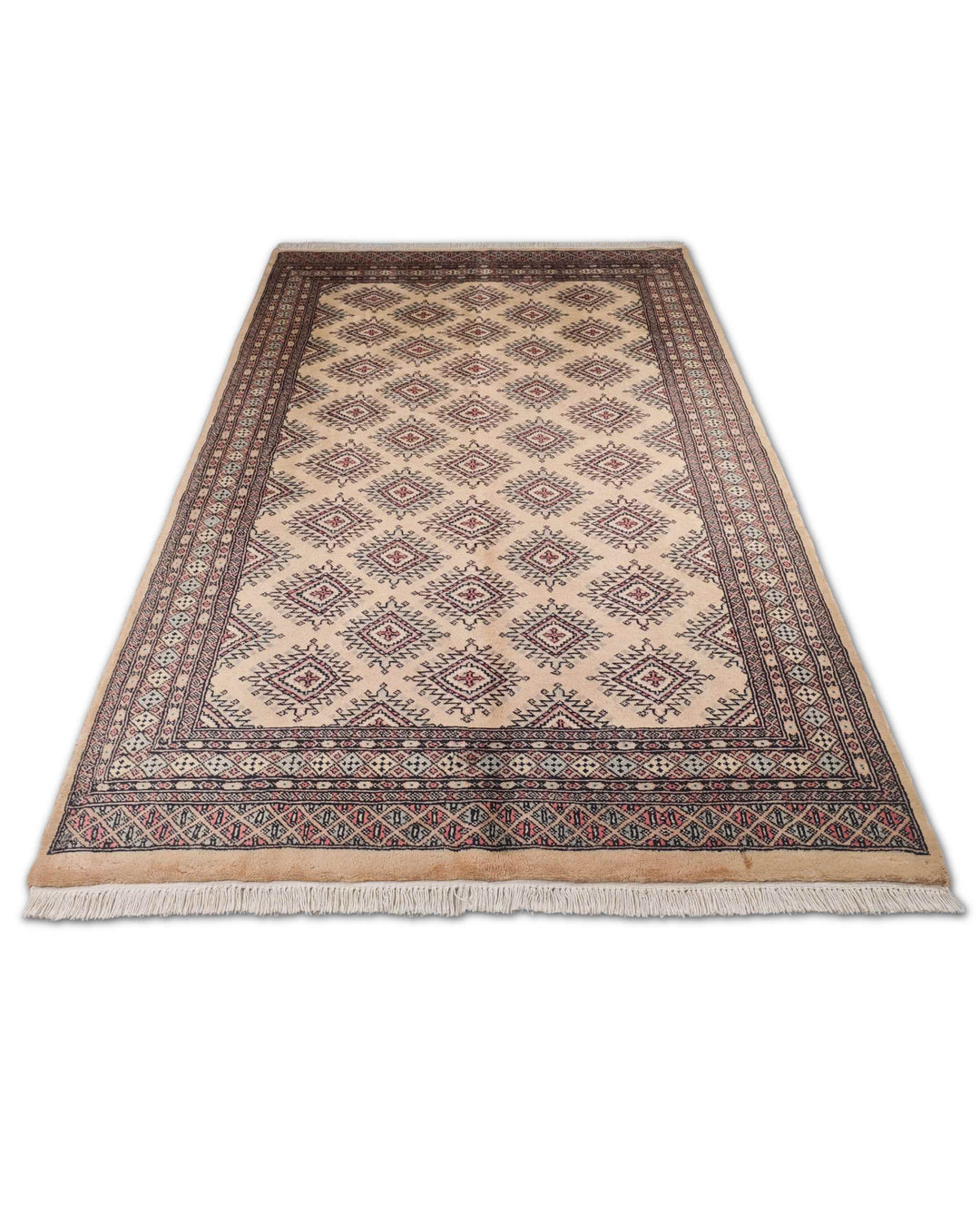 Cream and Brown Jaldar Stepped Diamond, Hand-Knotted Wool Rug