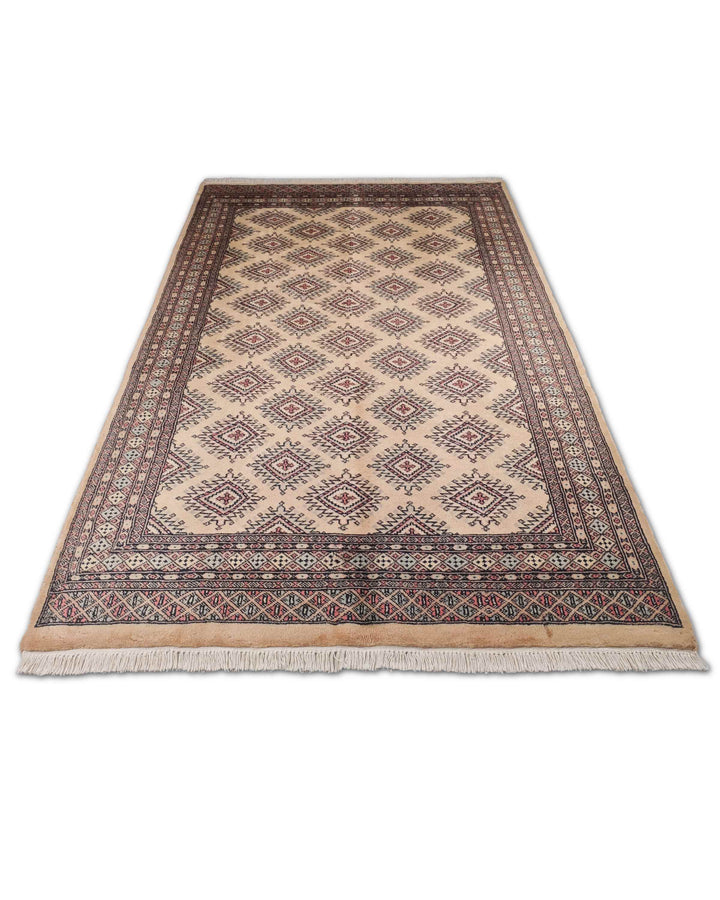 Cream and Brown Jaldar Stepped Diamond, Hand-Knotted Wool Rug
