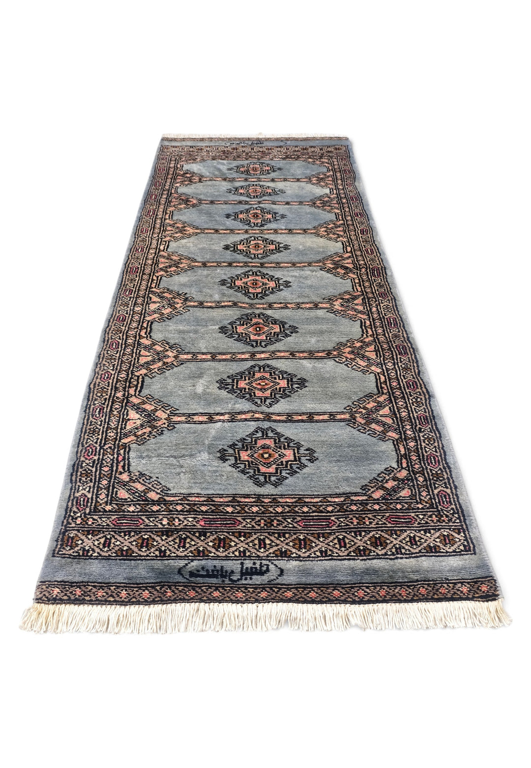 Dusty Blue and Peach Jaldar Diamond Medallion, Hand-Knotted Wool Rug