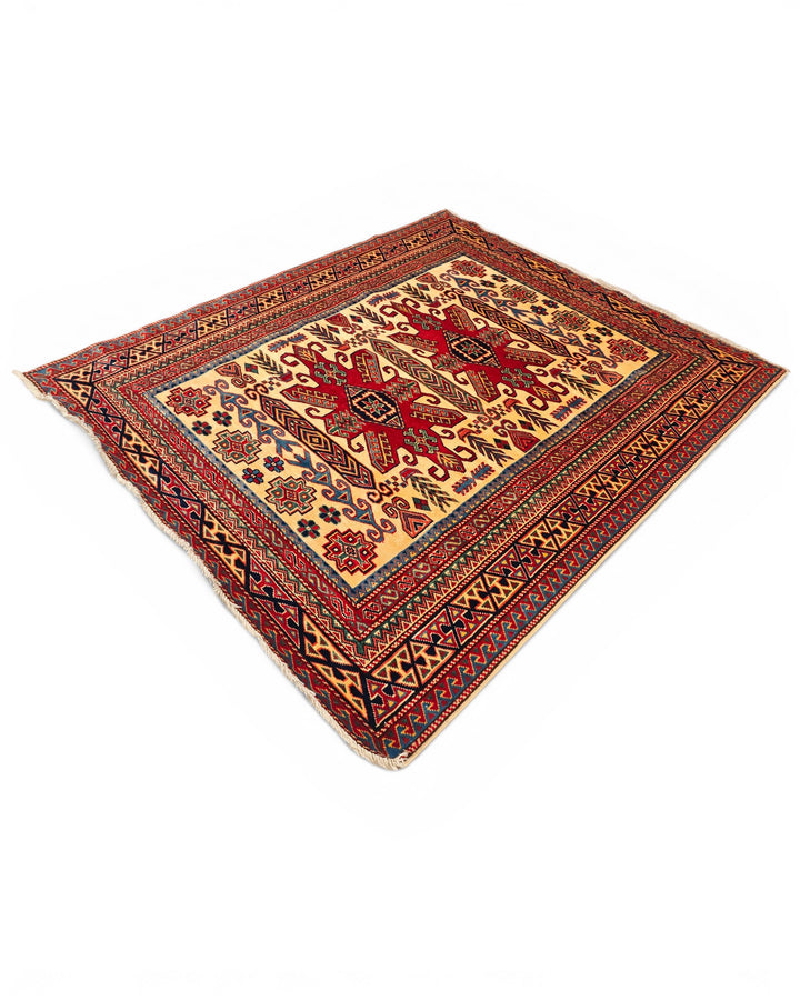 Gold &amp; Red Tribal Star Rug, Hand-Knotted Afghani Sherwan
