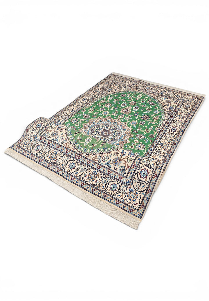 Pistachio-Green Medallion Persian Nain, Hand-Knotted Wool Rug
