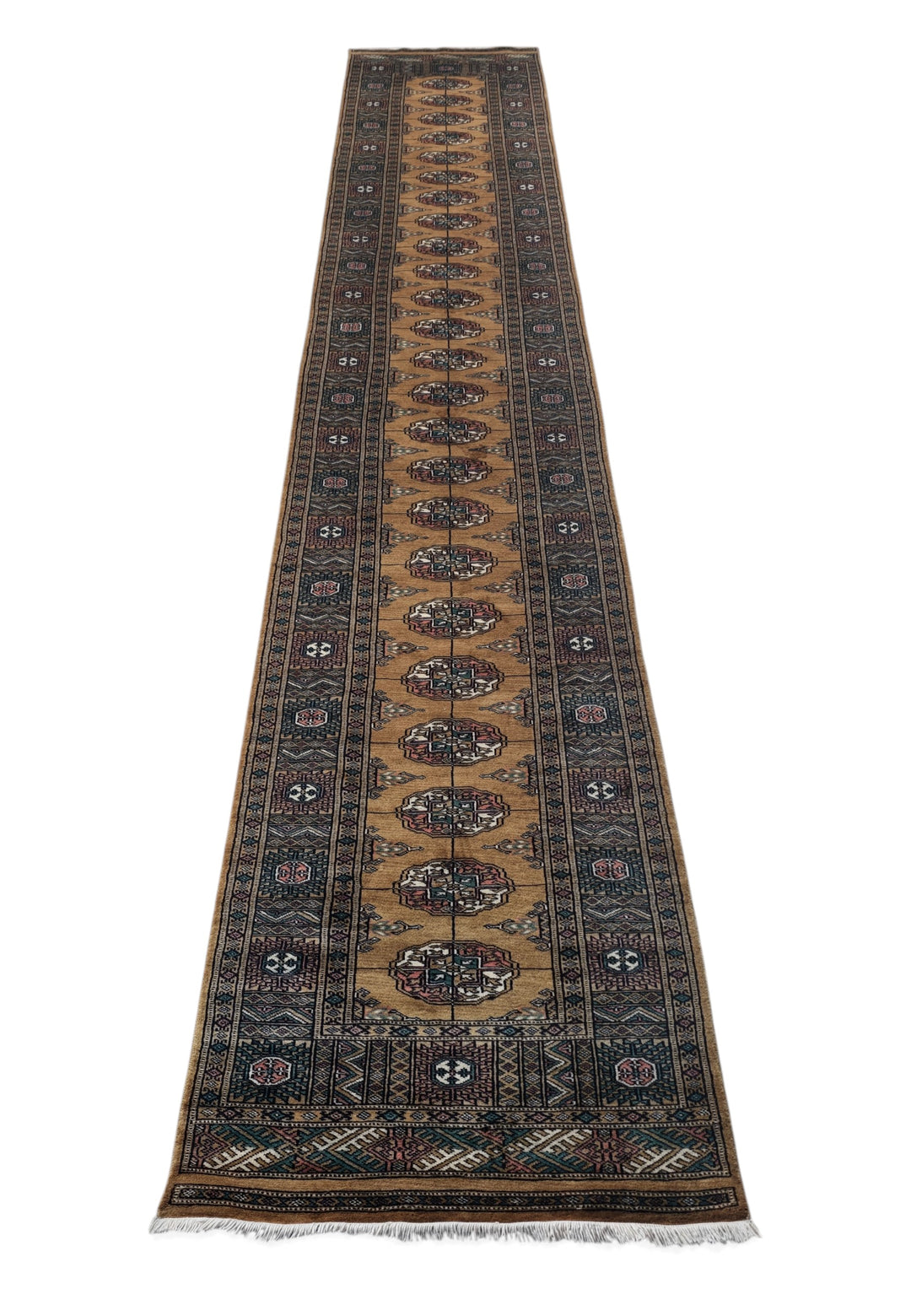 Camel and Teal Turkmen Gül Bokhara, Hand-Knotted Wool Rug