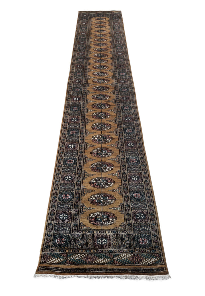 Camel and Teal Turkmen Gül Bokhara, Hand-Knotted Wool Rug