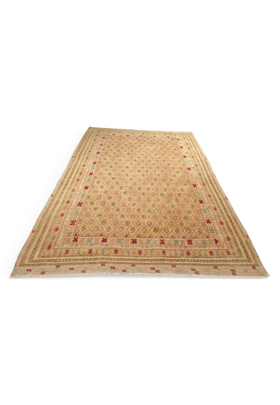 Wheat Gold and Cream Diamond Lattice Kilim, Hand-Woven Wool