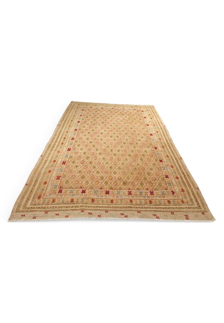 Wheat Gold and Cream Diamond Lattice Kilim, Hand-Woven Wool