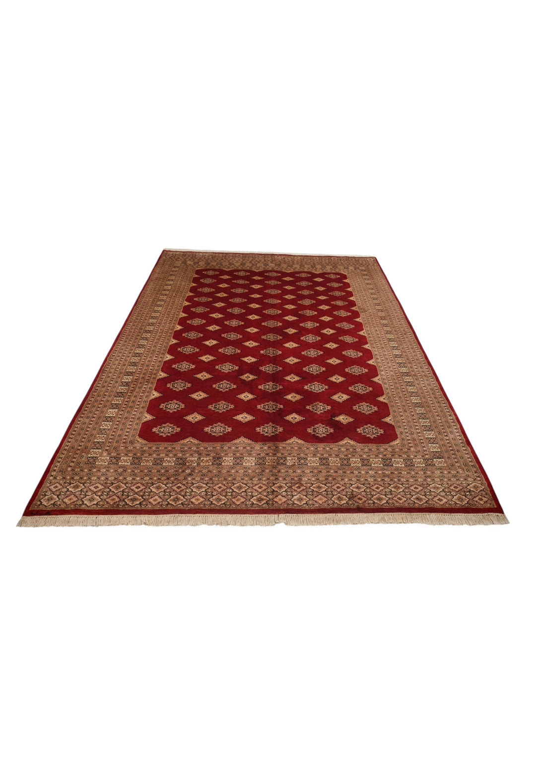 Oxblood and Tan Jaldar Alternating Diamond, Hand-Knotted Wool and Silk Rug