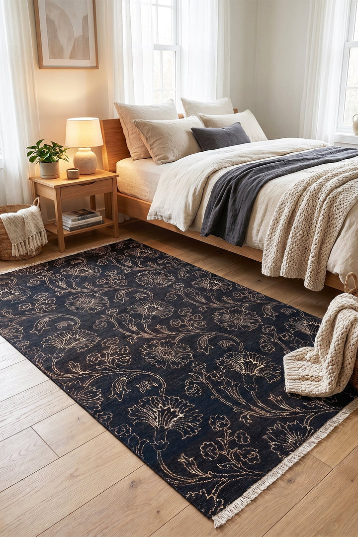 Midnight Floral Gabbeh, Hand-Knotted Afghan Wool Rug