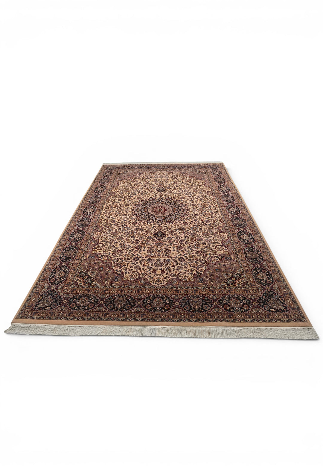 Ivory and Navy Floral Medallion, Hand-Knotted Wool and Silk Rug