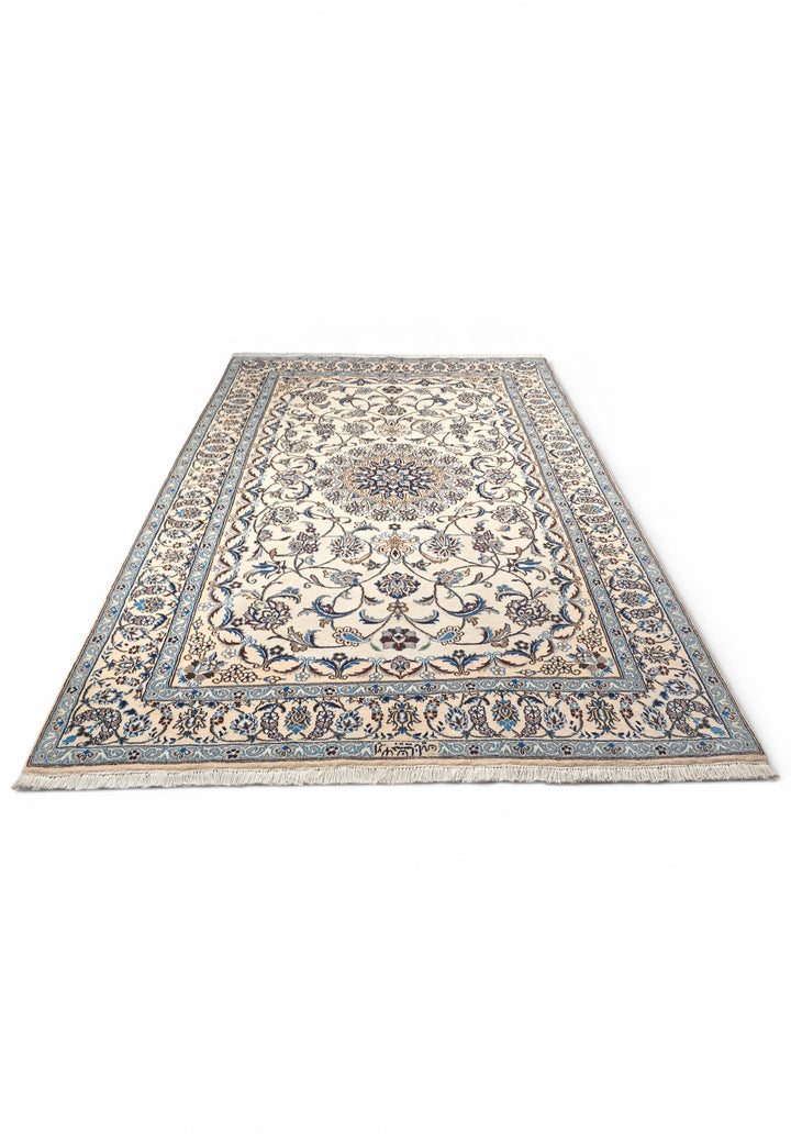 Ivory &amp; Blue Floral Persian Nain, Hand-Knotted Wool Rug