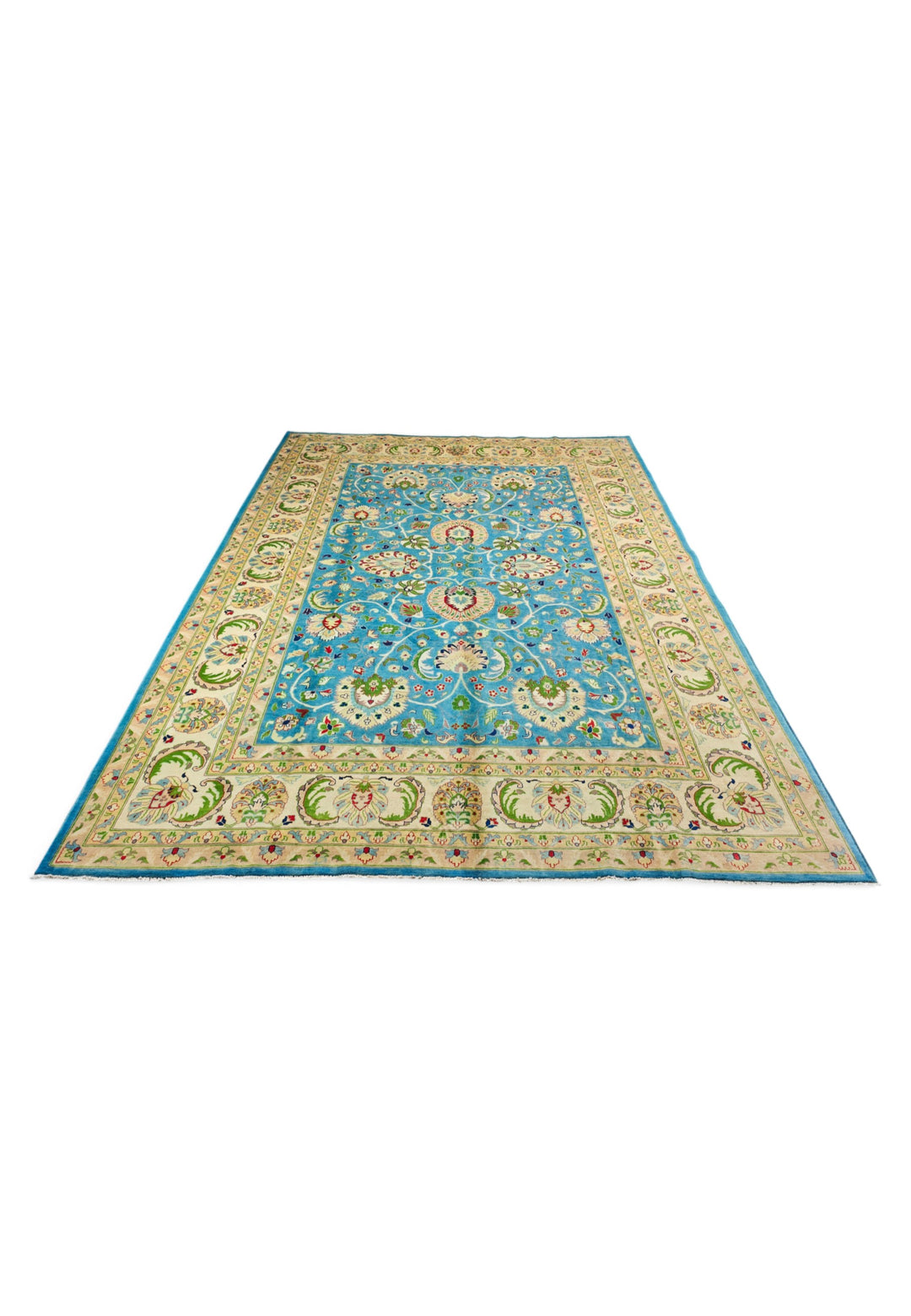 Turquoise and Cream Floral Ghazni, Hand-Knotted Wool Rug