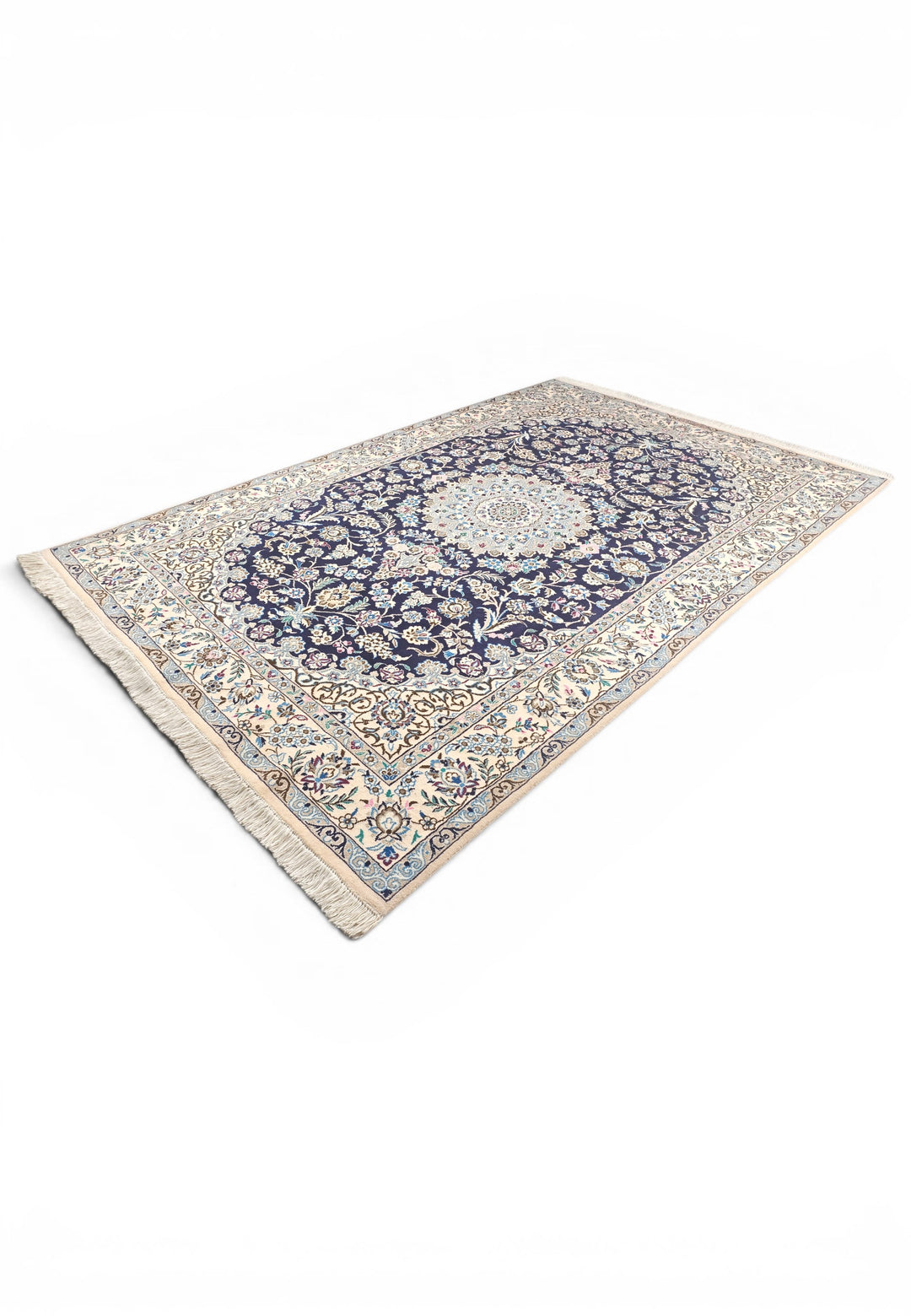 Royal-Blue Medallion Persian Nain, Hand-Knotted Wool Rug