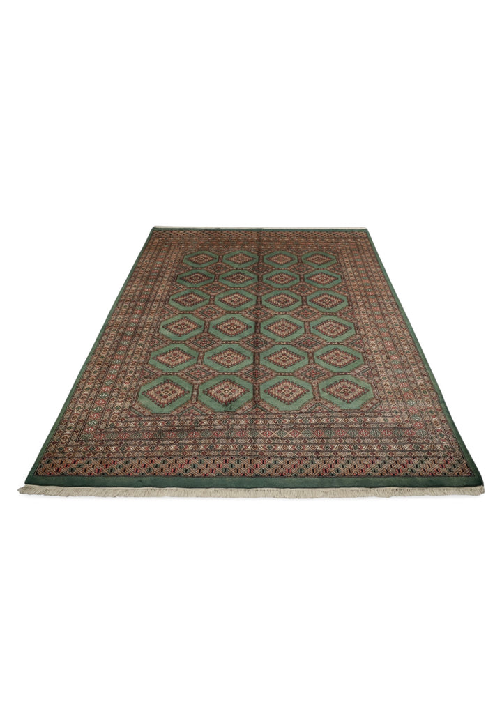 Sage Green and Taupe Compartment Lattice Bokhara, Hand-Knotted Wool Rug
