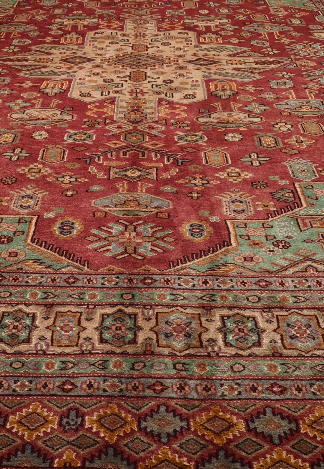 Rust Red &amp; Green Tribal Medallion Single Knot Wool and Silk Rug