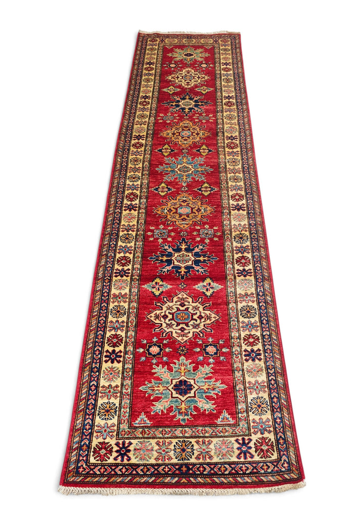 Red and Cream Serrated Star Kazak, Hand-Knotted Wool Rug
