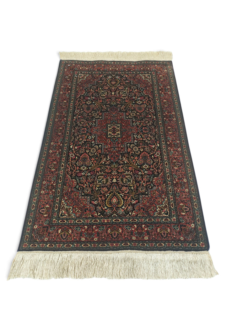 Dark Brown and Brick Red Stepped Medallion, Hand-Knotted Silk Rug