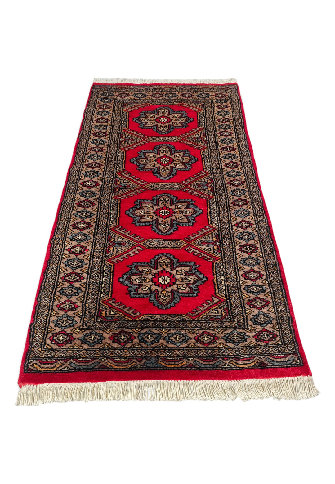 Crimson and Taupe Rosette Medallion, Hand-Knotted Wool Rug