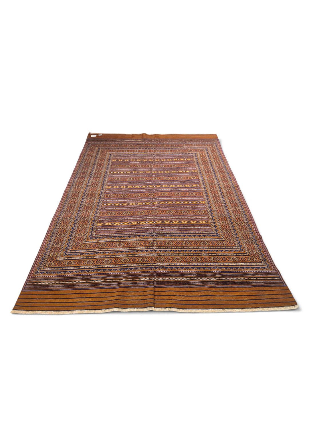 Caramel and Gold Banded Kilim, Hand-Woven Wool