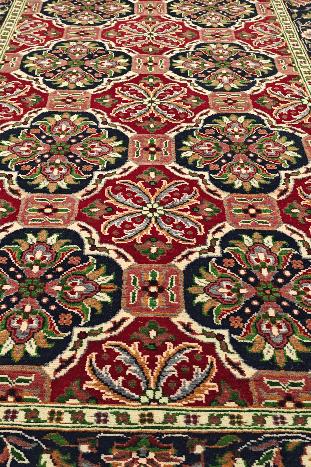 Red and Green Khal Mohammadi Runner, Hand-Knotted Wool