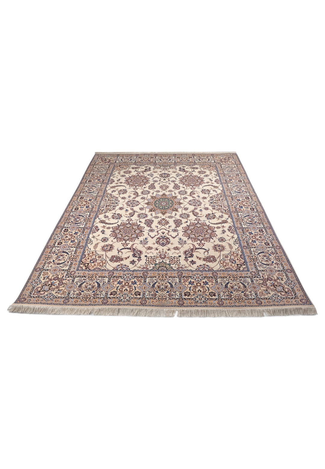 Ivory and Beige Five Medallion Nain, Hand-Knotted Wool Rug