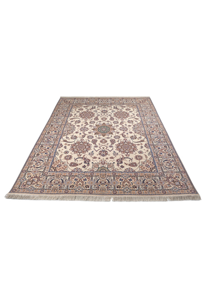 Ivory and Beige Five Medallion Nain, Hand-Knotted Wool Rug