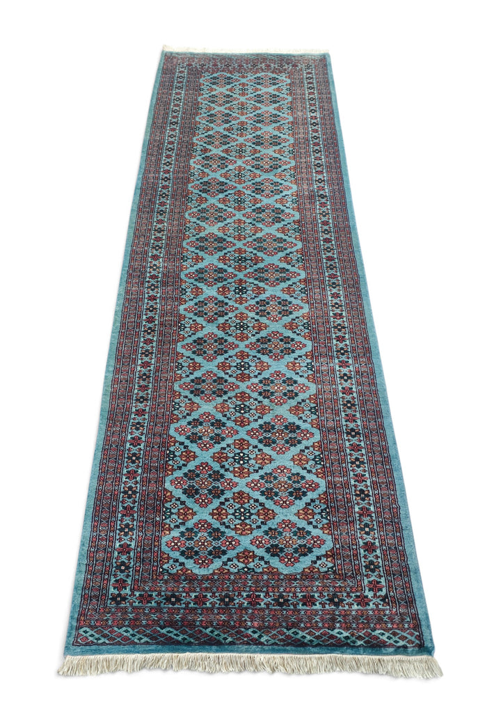 Turquoise and Rose Polychrome Lattice Jaldar, Hand-Knotted Wool Rug