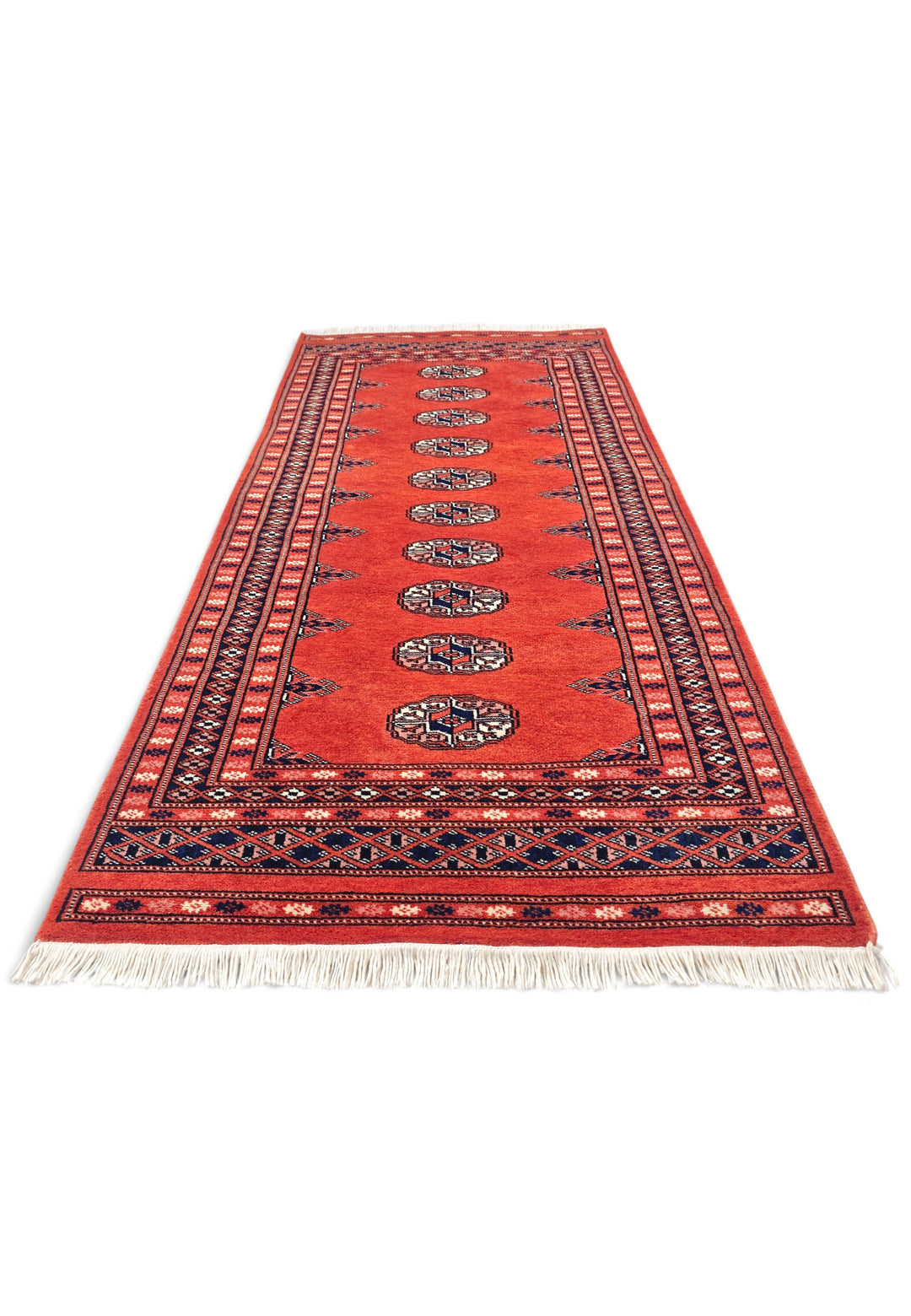 Coral Red and Indigo Turkmen Gül Bokhara, Hand-Knotted Wool Rug