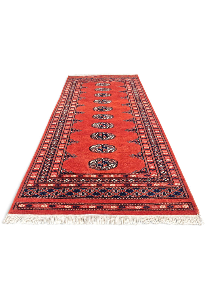 Coral Red and Indigo Turkmen Gül Bokhara, Hand-Knotted Wool Rug