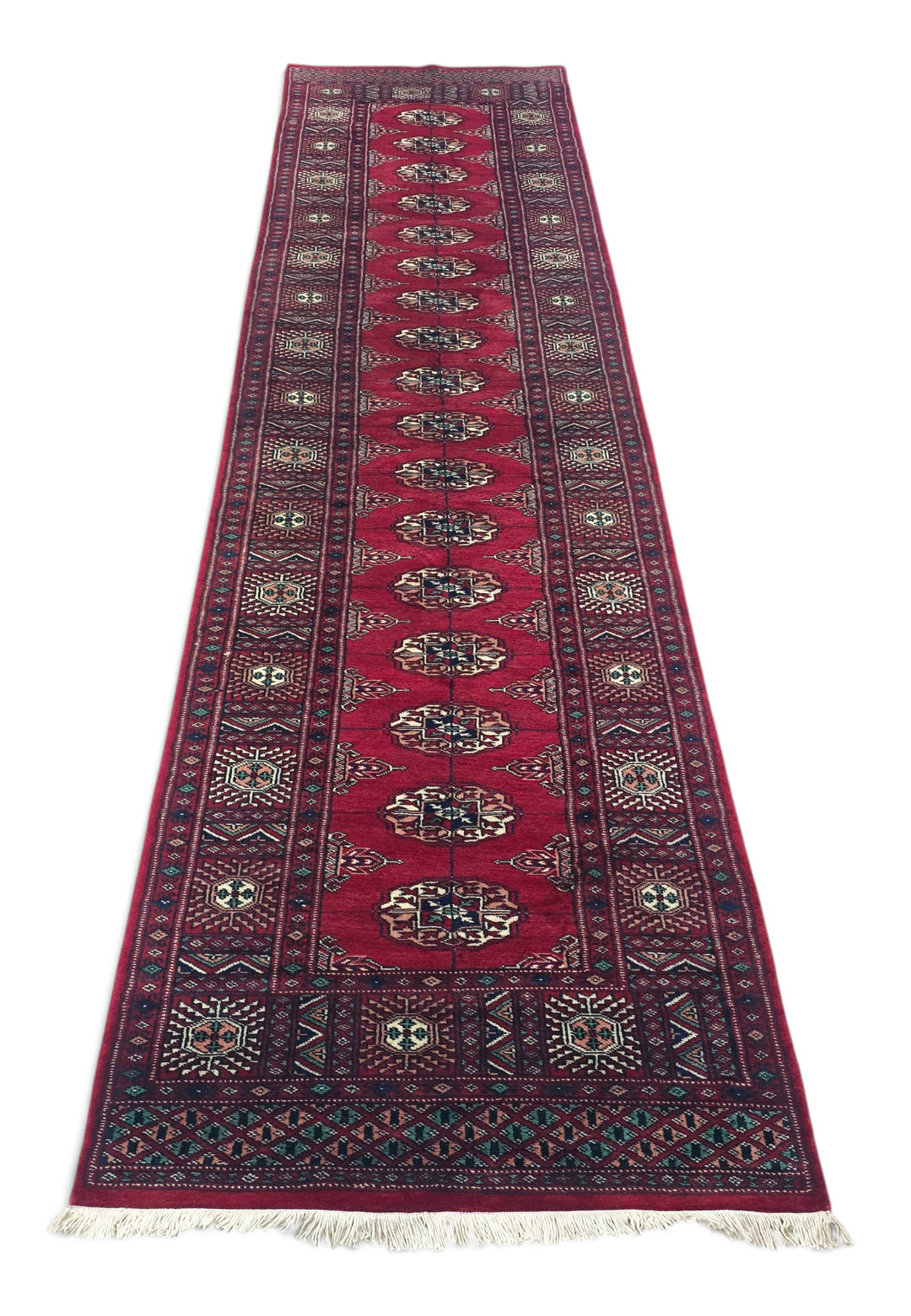 Wine Red and Cream Single Column Gül Bokhara, Hand-Knotted Wool Rug
