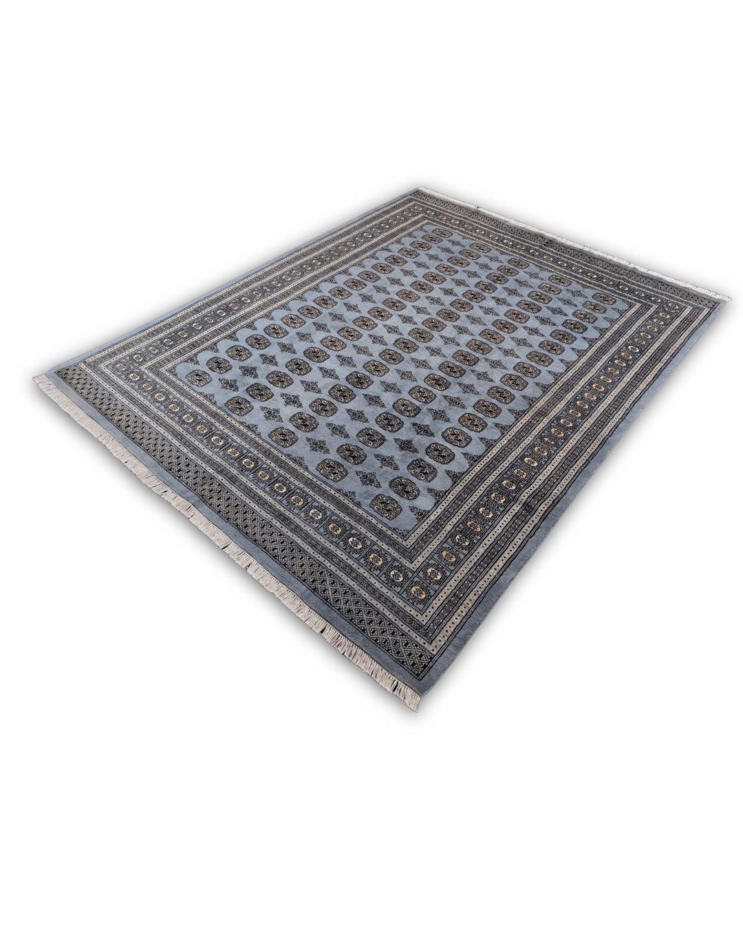 Slate Grey Turkmen Gül Bokhara Rug, Hand-Knotted Pakistani Wool