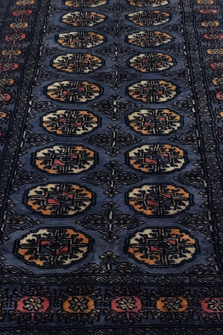 Slate Blue and Cream Turkmen Gül Bokhara, Hand-Knotted Wool Rug