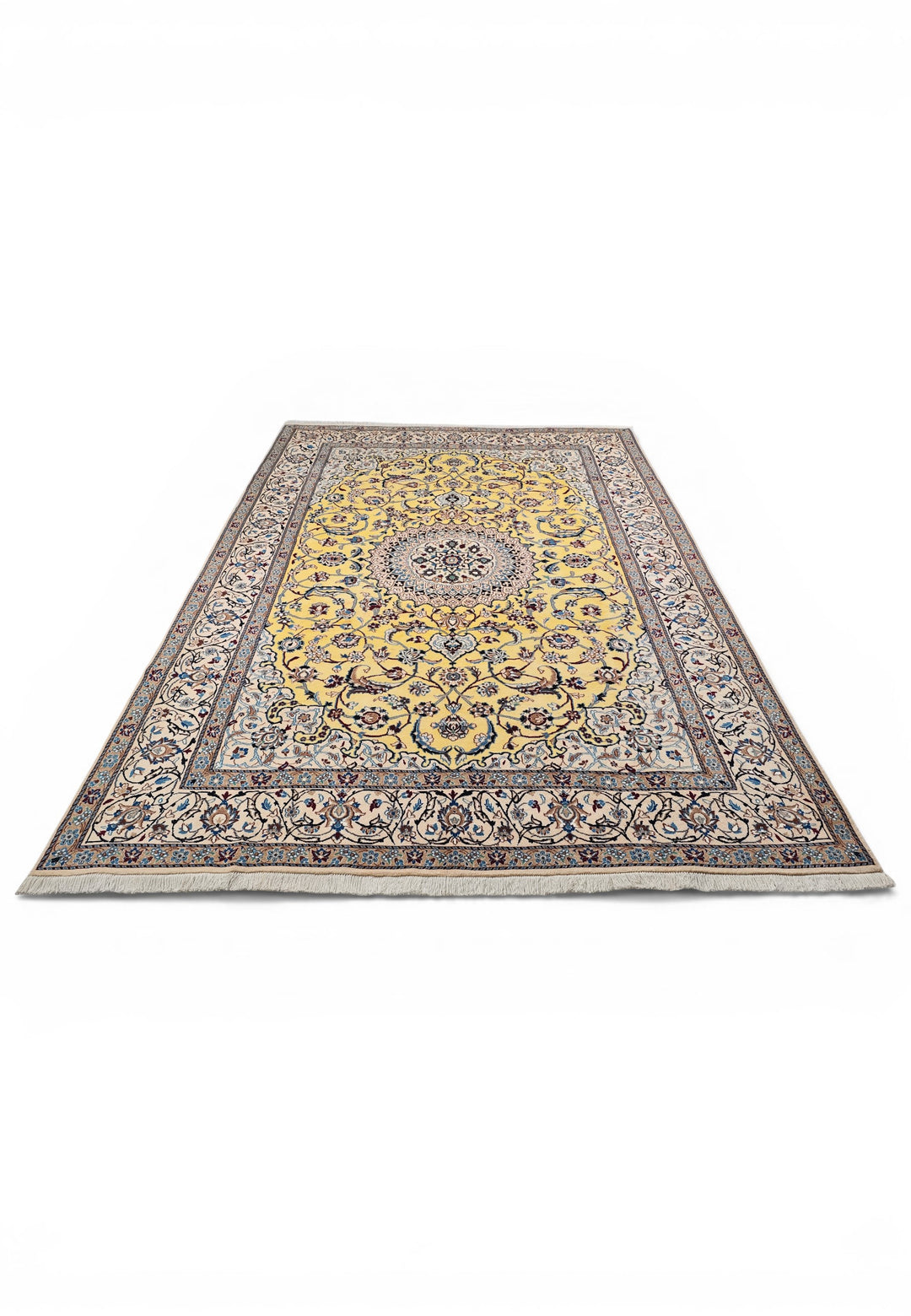 Saffron-Yellow Medallion Persian Nain, Hand-Knotted Wool Rug