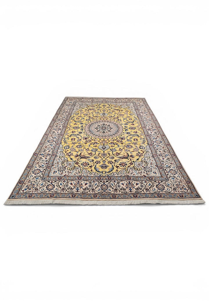 Saffron-Yellow Medallion Persian Nain, Hand-Knotted Wool Rug