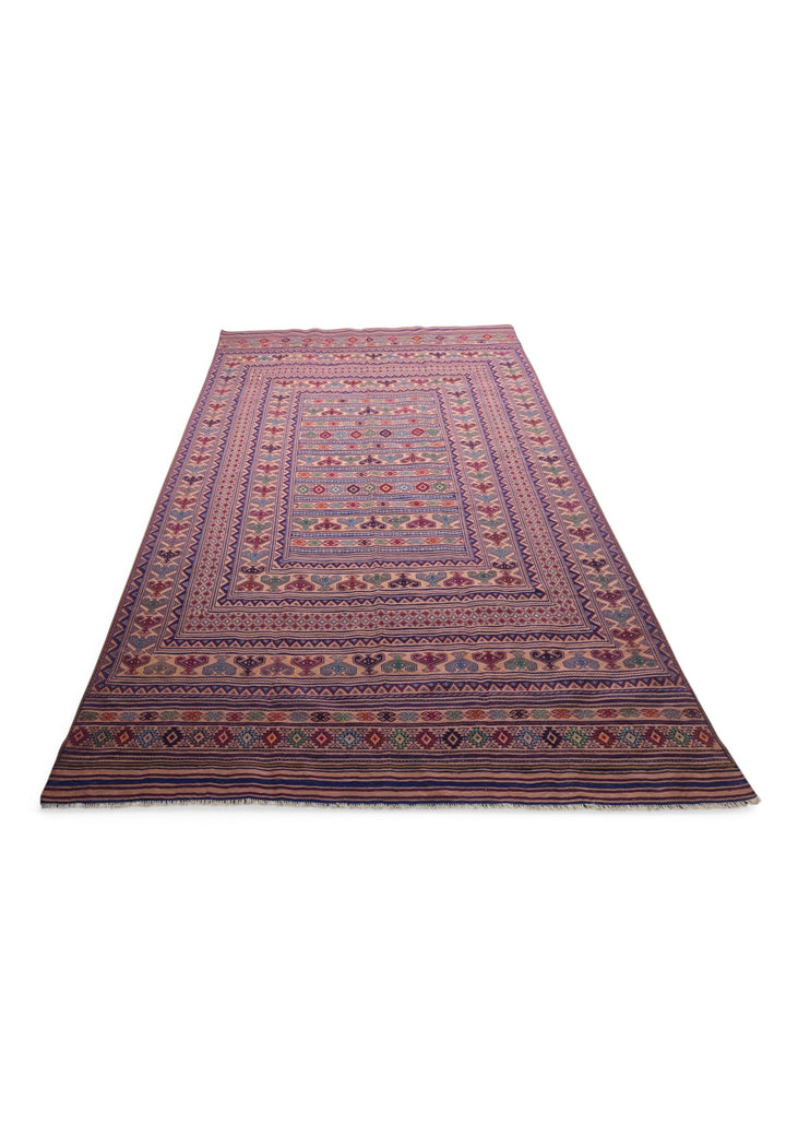 Blush Apricot and Navy Banded Kilim, Hand-Woven Wool
