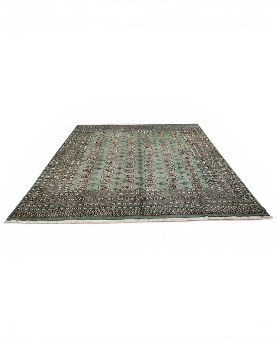 Sage Green Turkmen Gül Bokhara Square Rug, Hand-Knotted Pakistani Wool