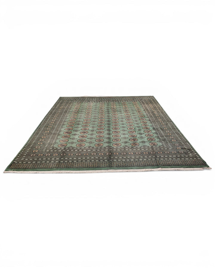 Sage Green Turkmen Gül Bokhara Square Rug, Hand-Knotted Pakistani Wool