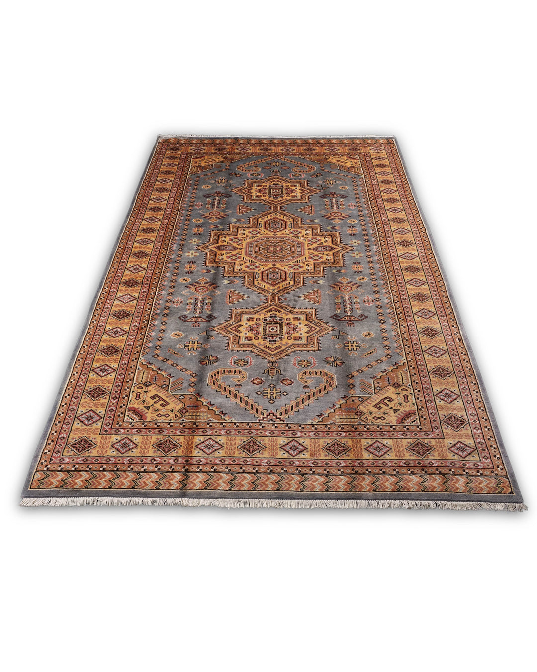 Grey &amp; Gold Tribal Medallion Jaldar Rug, Hand-Knotted Pakistani Wool &amp; Silk