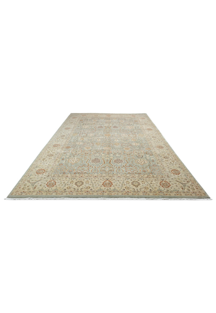 Pale Sage and Sandstone Floral Ghazni, Hand-Knotted Wool Rug