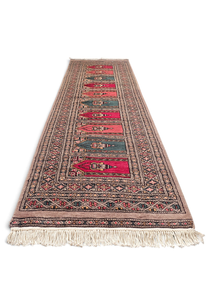 Taupe and Rose Saf Prayer Design, Hand-Knotted Wool Rug