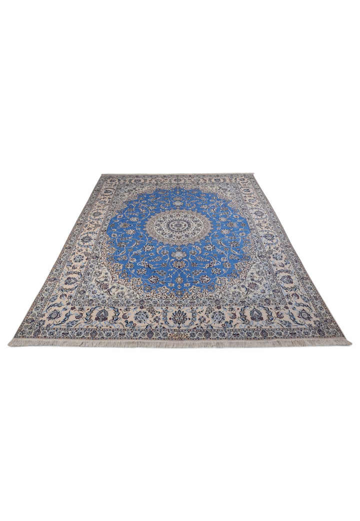 Blue and Ivory Gonbad Dome Nain, Hand-Knotted Wool Rug