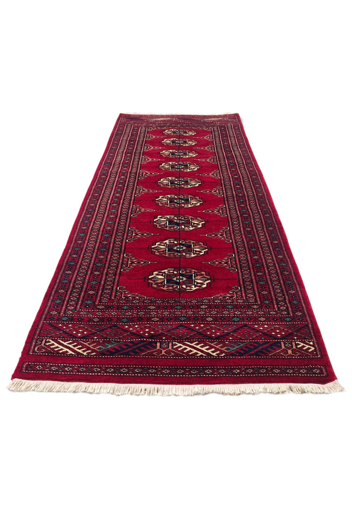 Wine Red and Cream Threaded Gül Bokhara, Hand-Knotted Wool Rug