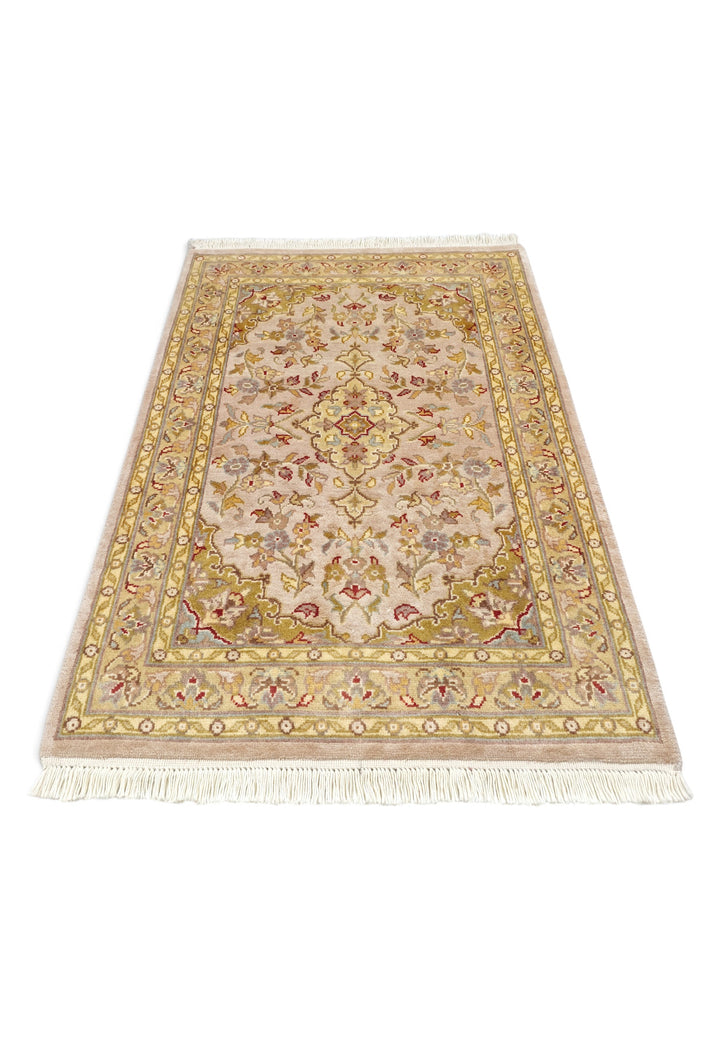 Blush and Olive Gold Medallion Tabriz, Hand-Knotted Wool and Silk Rug