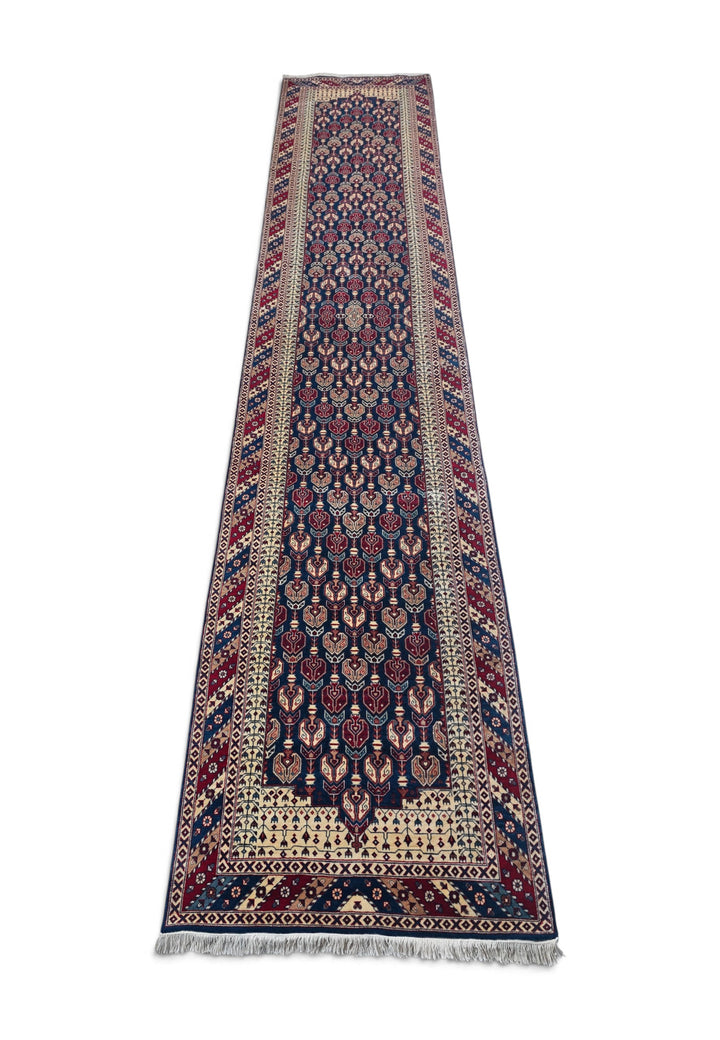 Navy and Cream Hereke Floral, Hand-Knotted Wool Rug