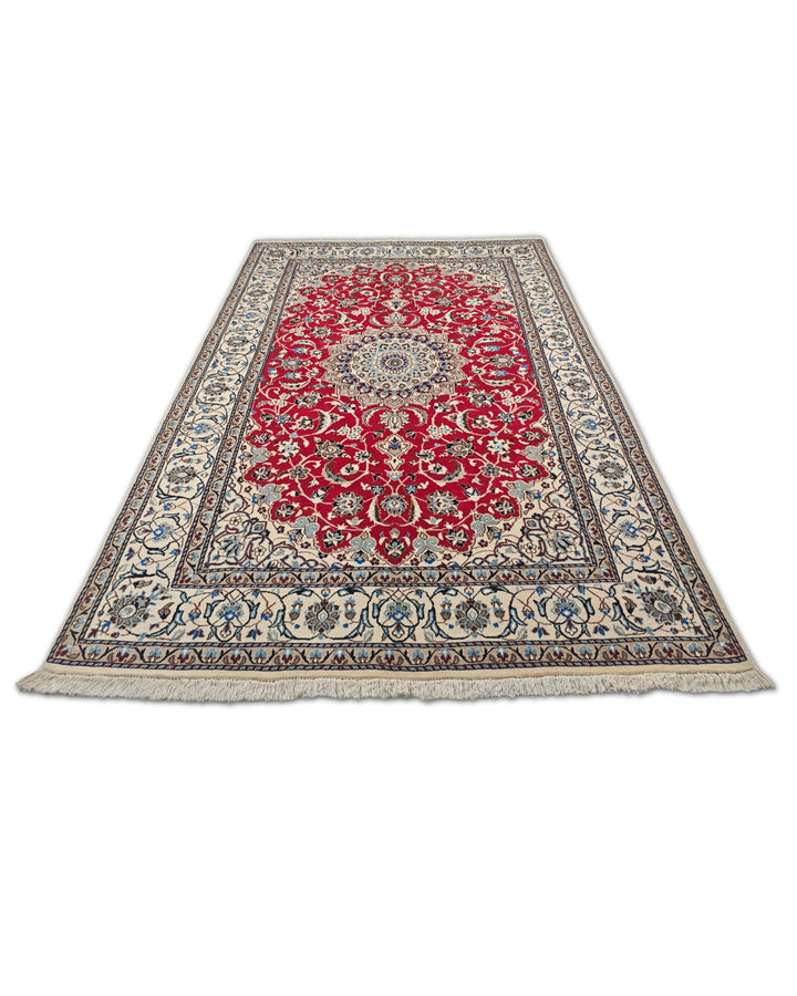 Red and Ivory Medallion Nain, Hand-Knotted Wool Rug